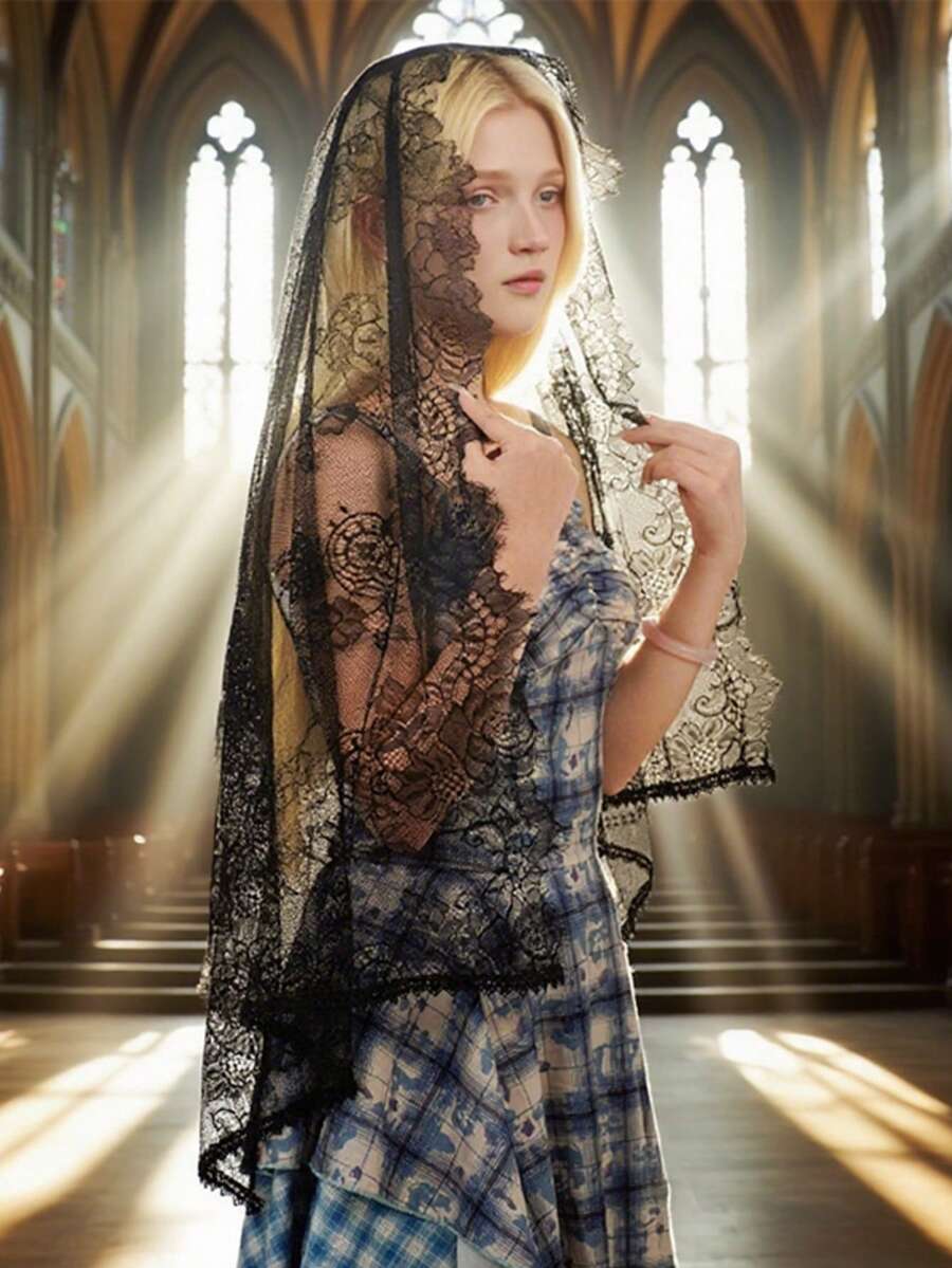 新娘蕾丝白色披肩头纱,方形教堂婚礼拉丁黑色发纱 - 彩色 - 查看 1