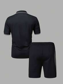 男士夏季字母印花 Polo 衫 + 短裤套装，多种颜色和尺码可选，适合商务、娱乐、高尔夫，轻盈弹力，纯色，纽扣细节，常规袖口，夏季外出舒适休闲装 - 黑色 - 查看 2