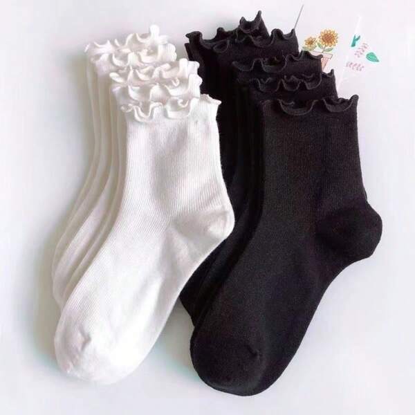 5 Pairs Women Casual Solid Color Ruffle Mid-Calf Socks, Black And White Mixed