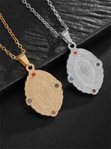 1pc Fashionable Colorful Cubic Zirconia Virgin Mary Pendant Necklace, Stainless Steel Jewelry Gift For Women