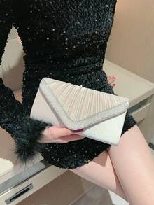 Bolso de mano de noche con pliegues de satén bordado con rhinestones, forma de sobre, bolso formal de señora para boda, fiesta, cheongsam, cóctel, baile de graduación, bolso de mano de alta moda - Albaricoque - Ver 6