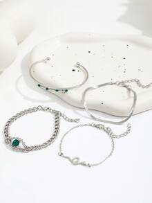 4pcs Vintage Rhinestone Snake Wrap Bracelet, Creative Open Rhinestone Imitation Gemstone Bracelet & Bangle Set For Women - Silver - View 2