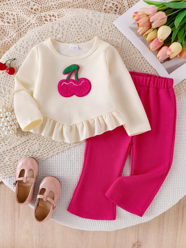 2pcs Baby Girl Cherry Embroidered Ruffle Trim Bohemian Style Long Sleeve Top And Elastic Waist Flared Casual Pants Set