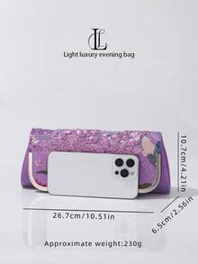 1 件紫色亮片 3D 刺绣花卉手拿包，复古优雅闪亮串珠弧形翻盖女士手提包，带金属饰边，可拆卸链条肩带，适合婚礼、派对、节日、舞会、庆典、夜店、女士礼物、生日礼物、零钱包 - 紫色 - 查看 5