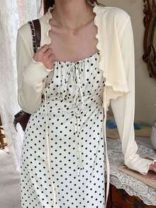 1 件女士温柔风格荷叶边耸肩罩衫，轻盈短款防晒系腰罩衫