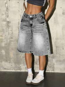 Short de mezclilla de tiro alto tipo "Bermuda" para mujer de talla grande, shorts vaqueros casuales de corte holgado - Gris - Ver 3