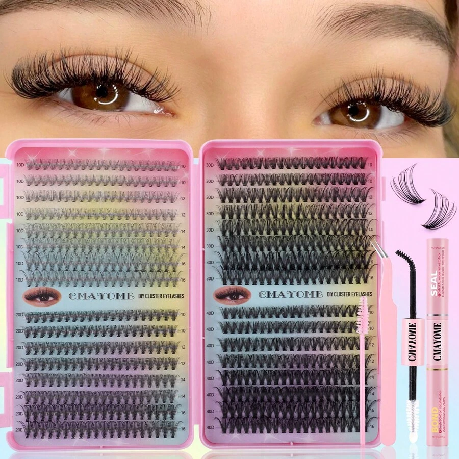 640 Clusters 10-16mm D Curl Lash Clusters Book False Eyelashes Kit DIY Silk Fiber Lashes Cluster Extensions Natural Volume Cruelty Free Multipack - DIY-JMS-098(粉紅工具三件組) - 查看 1