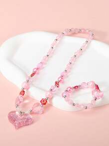 Set de 2 piezas de collar y pulsera con cuentas y colgante de corazón para niñas, elegante regalo para fiestas y uso diario de niñas