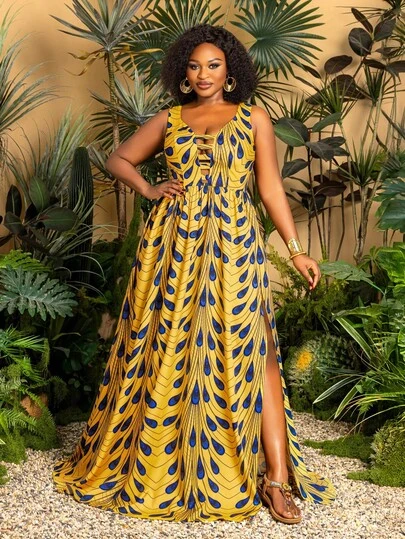 Faeriesty Plus Size Dress: Sleeveless V-Neck Flowy Tie-Waist A-Line Dress With High Slit - Ideal For Vacation, Weekend Getaways, Beach Walks, And City Strolls