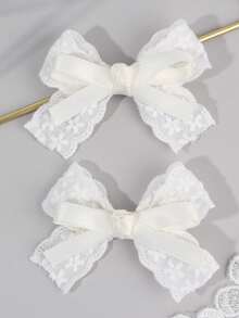 2 件女孩白色/粉色可爱优雅蝴蝶结发夹，纯色亚麻花朵印花和丝带手工蝴蝶结装饰，迷人装饰甜美可爱风格，适合日常穿着、派对、学校和春夏 - 彩色 - 查看 13