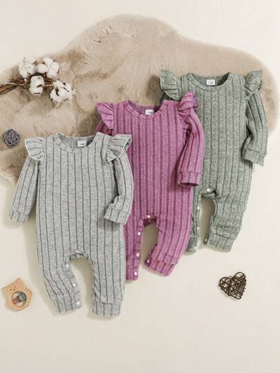 3pcs Baby Girl Winter Purple Ribbed Long Sleeve Romper Set With Gray & Green Cap Sleeve Rompers, Cute