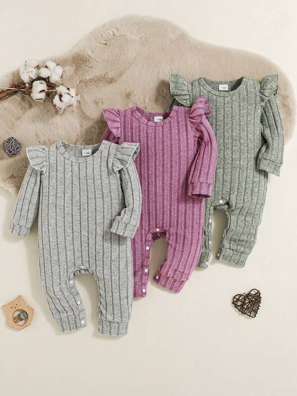 3pcs Baby Girl Winter Purple Ribbed Long Sleeve Romper Set With Gray & Green Cap Sleeve Rompers, Cute