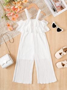 Girls' Silk-Like Creased Spaghetti Strap Jumpsuit With Ruffle Hem For Summer Holiday - White - View 2