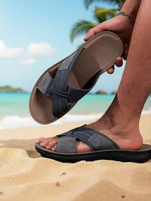 2025新款男士撞色手工凉鞋交叉绑带透气防滑轻便沙滩户外拖鞋透气休闲街头时尚人字拖 - 藍色 - 查看 4