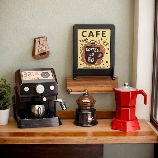 Escena en miniatura 1:12 para casa de muñecas con licuadora en miniatura, máquina de café y juego de alimentos de bolsillo