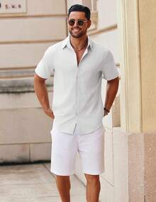 Camisa de manga corta con botones para hombre, de algodón casual de verano, de lino para boda, con bolsillo - Azul Marino - Ver 7