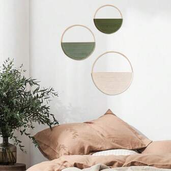 3pcs Boho Style Round Bamboo Wreath Wall Hanging, Handmade Woven Tapestry, Home Decor, Geometric Pattern