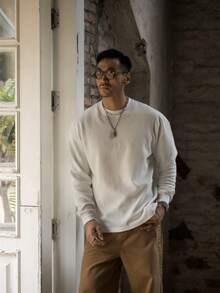 男士加厚华夫格针织宽松落肩长袖T恤小立领休闲打底衫美式复古风秋季 - 杏色 - 查看 4