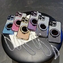 Estuche antideslizante de 16 en 1 + Cordón con cuentas rosa brillante + Espejo de maquillaje redondo rosa brillante + Soporte magnético, compatible con iPhone 6/7/8/X/XS/XR/11/12/13/14/15/16, Galaxy S22/23/24, A04/05/06/A14/A15/A16/A24/A25/A34, Note 7/8/9/10/11/12/13, 9/10/12/13C, MOTO, Honor X, HW, C53 C55 y talla grande - Negro - Ver 8