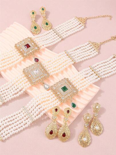 1 Set eleganter handgefertigter Damenschmuck mit Kunstperlen und Strass-Anhänger-Halskette mit passenden Metall-Ohrringen, geeignet für Hochzeiten im Nahen Osten, Bankette, Feste und Partys