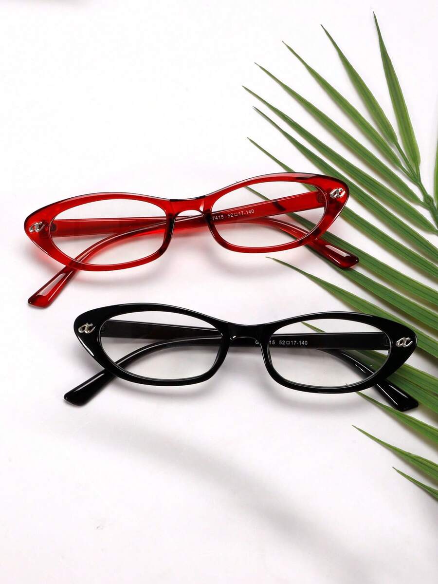 2pcs Oval Cat Eye Fashion Eyeglasses Frame, Transparent Glasses, Metal Accessories, Retro Personalized Versatile Fashion Eyeglasses Frame, Suitable For Daily Wear, Street Photography, Reading, Writing, Commuting, Vacation Travel, Beach And Other Occasions. - 2pcs(紅色+黑色) - 查看 1