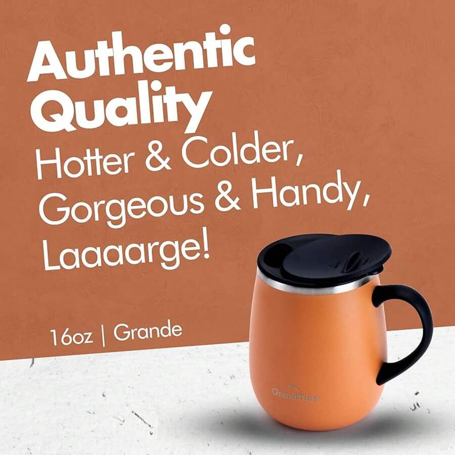 GRANDTIES - Taza de café aislante con asa, tapa deslizante para evitar salpicaduras, termo con forma de copa de vino de 16 oz con doble pared al vacío de acero inoxidable - Zanahoria - Ver 1