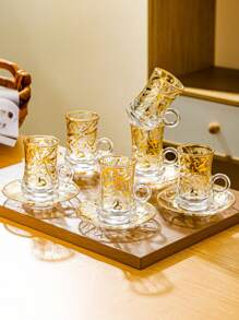 1 Set, Juego de Taza de Té Turca, Tazas de Té Marroquíes Chapadas en Oro, Juego de Vajilla Árabe Elegante - Incluye 6 Tazas y 6 Platillos, Apropiado para Fiestas y Té de la Tarde