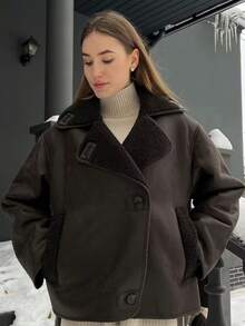 Chaqueta de invierno para mujer con forro de piel marrón - Estilo de calle casual con solapa suelta, bolsillos y mangas largas