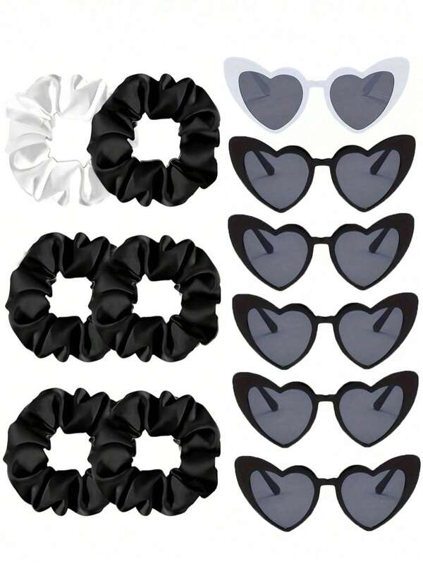 12pcs Satin Bridesmaid Hair Scrunchies Set - 6 Soft Hair Bands, 6 Heart Shaped Glasses Decorations, Suitable For Bachelorette Party, Bridal Shower, Bridesmaid Wedding Favors, Bridal Party Gifts