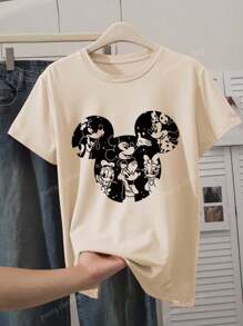 Disney Women's New Round Neck Short Sleeved Plus Size Summer, Casual Style Anime Patterns Printed Plus Size Round Neck T-Shirt, Sweet And Gentle Temperament, Slim And Comfortable Summer Tops, Suitable For Daily Casual Wear, Graphic Tees Women, Khaki Colored Top, Summer Outfits For Women