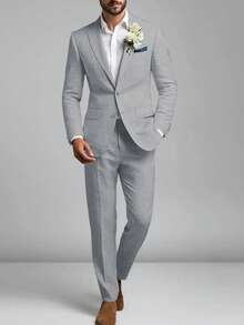 Mens Linen Suit 2 Pieces Suit Two Buttons Men Casual Linen Suit For Beach Wedding Summer Grooms - Màu Xám nhạt - Xem 1