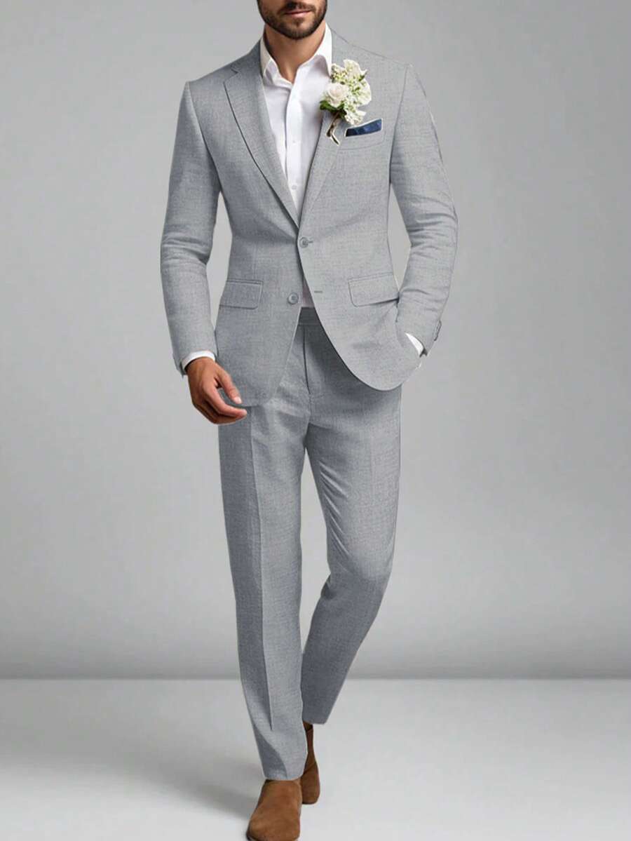 Mens Linen Suit 2 Pieces Suit Two Buttons Men Casual Linen Suit For Beach Wedding Summer Grooms - Màu Xám nhạt - Xem 1