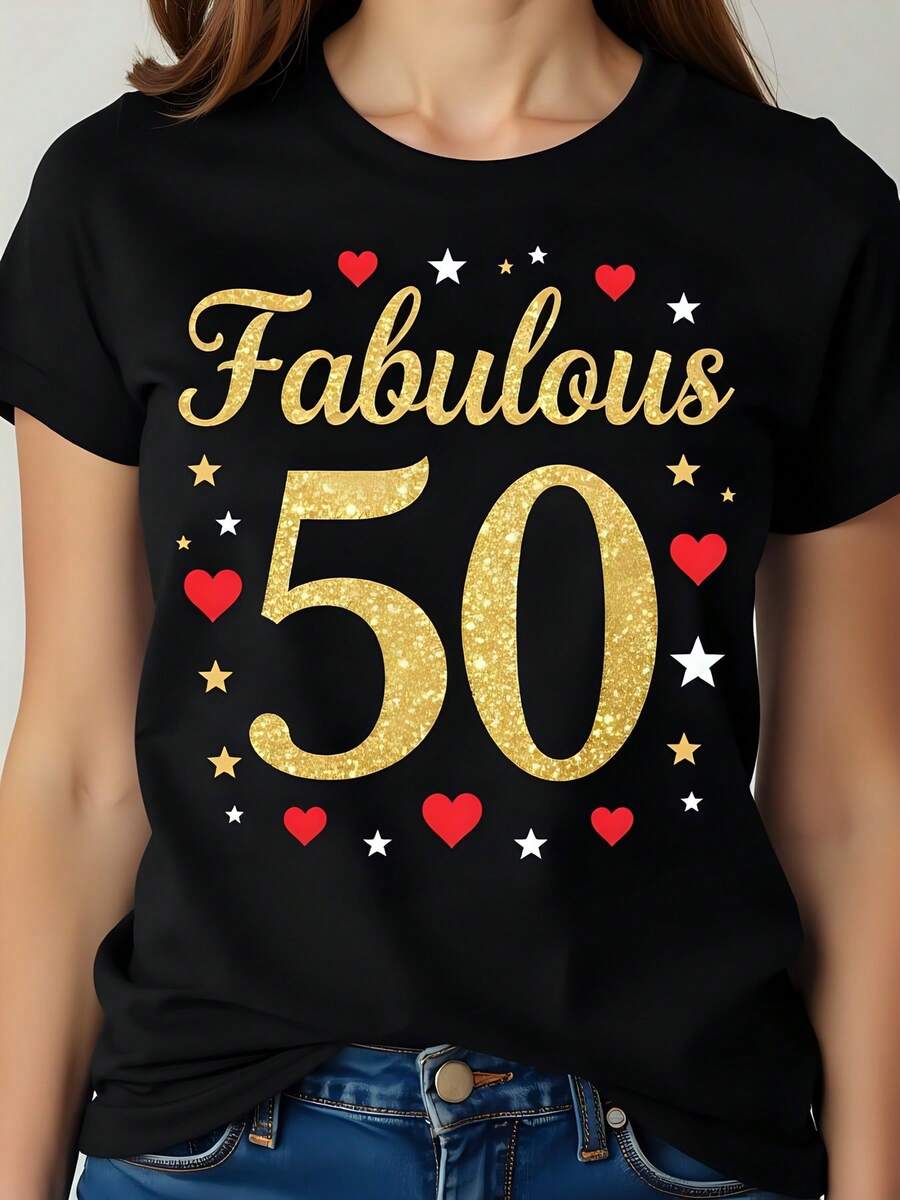 Camiseta Negra de Algodón 180g con Cuello Redondo y Manga Corta - Impresión "Fabulous 50" en Dorado, Celebración Elegante para Mujer con Estrellas y Corazones - Ideal Regalo Cumpleaños Estilo Moderno - Negro - Ver 1