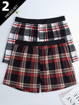 Norcotton 2pcs/Set Plaid Print Loose Fit Boxer Briefs, Unisex Pajama Pants For Home/Sleep