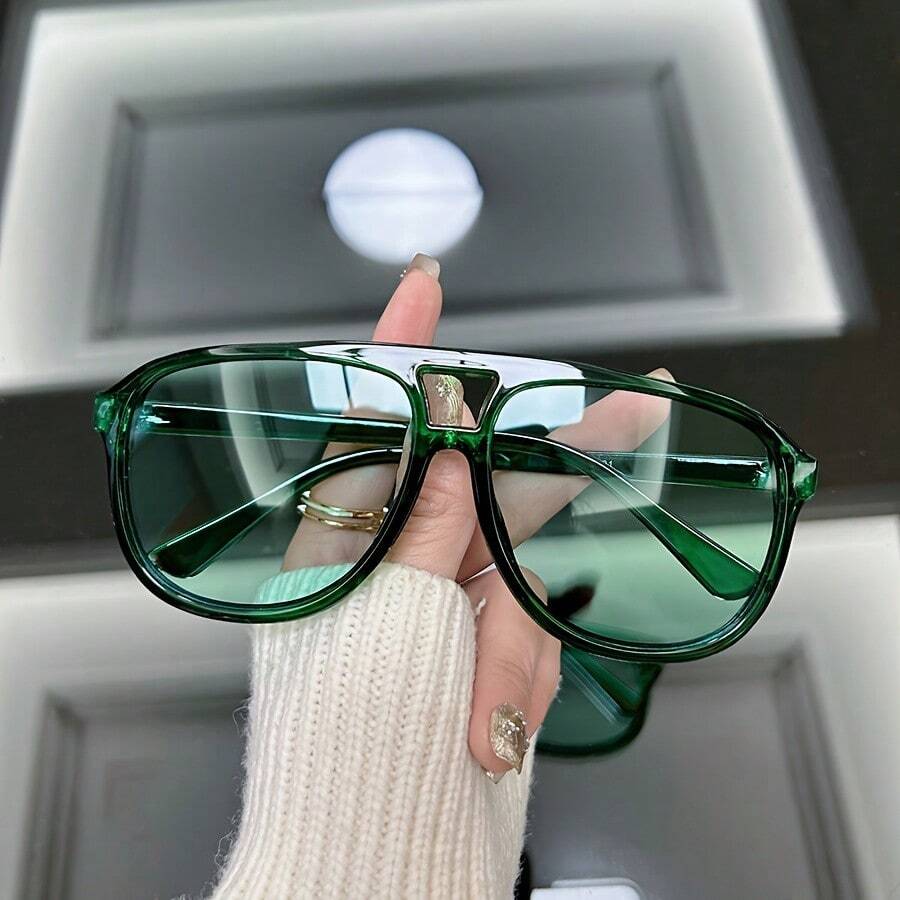 1 Pair Of Retro Large Frame Fashion Glasses |   Retro Fashion Style Minimalist Casual Oval Glasses,  Protection, Plastic Frame - 綠色 - 查看 1