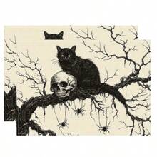Juego de 1/2/4/6 individuales, estilo de gato negro de Halloween, con patrón de murciélago, tamaño 30x45 centímetros. Los individuales de poliéster de Halloween son adecuados para cocinas/manteles resistentes al calor del hogar, fáciles de limpiar y son accesorios ideales para mesas de cocina del hogar. Son adecuados para reuniones familiares y ocasiones interiores y son la mejor opción para la decoración de Halloween.