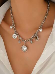 LIEBEIRIS 1pc 18k Gold Plated Geometric & Heart Pendant Stainless Steel Women Necklace, Suitable For Daily Outfit And Gift - Silver - View 1