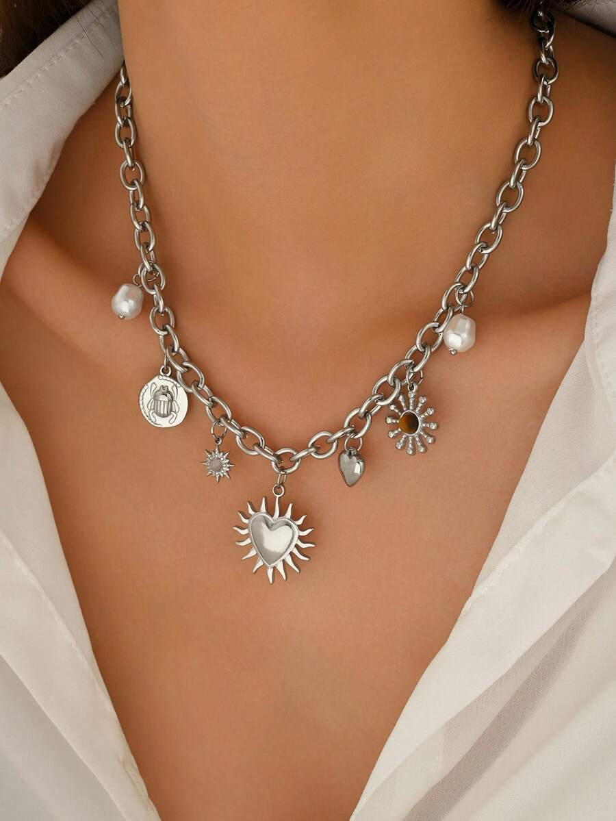 LIEBEIRIS 1pc 18k Gold Plated Geometric & Heart Pendant Stainless Steel Women Necklace, Suitable For Daily Outfit And Gift - Silver - View 1