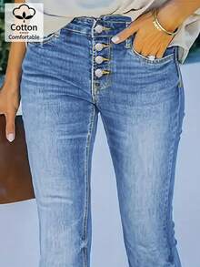 Jeans acampanados de tiro medio azul medio lavado con estilo sexy para uso diario, versátil, pantalones vaqueros retro - Azul lavado medio - Ver 5