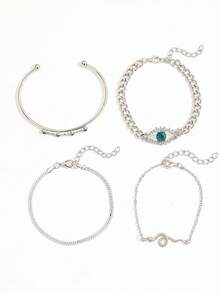 4pcs Vintage Rhinestone Snake Wrap Bracelet, Creative Open Rhinestone Imitation Gemstone Bracelet & Bangle Set For Women - Silver - View 4