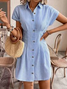 Women Elegant Striped Short Sleeve A-Line Shirt Dress, High Waist Button Casual Office Dress In Light Pink Color, Comfortable Polyester Fabric, French Style, Casual Shirt Dress, High Waist, Office Dress, Elegant Style, All-Season Solid Color Striped Casual Button Fabric Pleated Decor