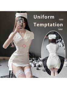Women Nurse Costumes Cross Short Sleeve Collared Mini Dress With Hat Halloween Cosplay Outfit - White - View 6