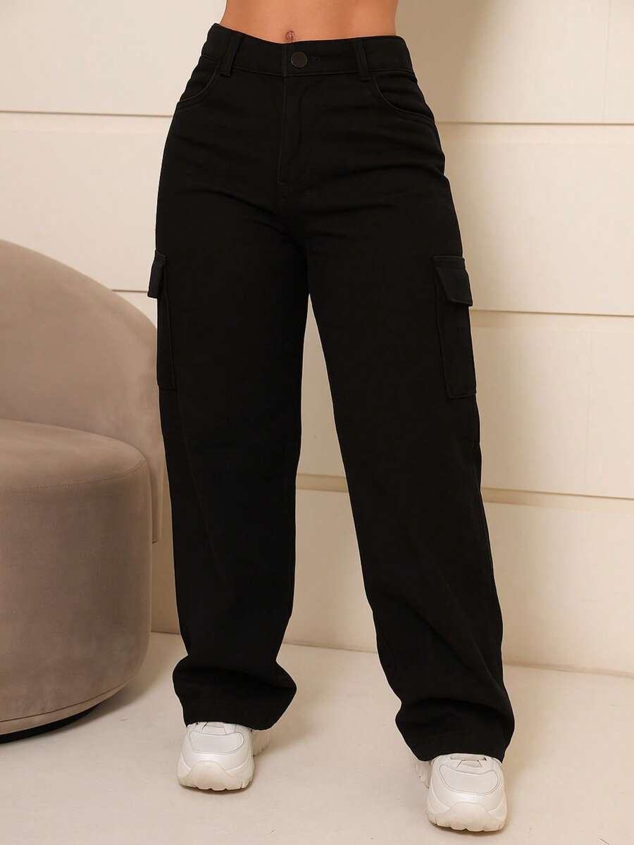 Stillger Moda Jeans Women's Wide Leg Cargo Pants High Waisted Butt Lifting Jeans - 黑色 - 查看 1