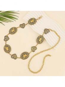 Silver & Gold Hollow Boho Style Chain Belt, Adjustable Fashion Metal Inlay Waist Belt For Women, Party Summer, School Fall, Autumn, Halloween