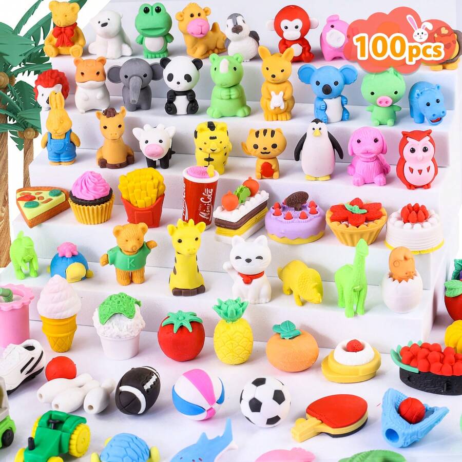 Efisday 100 Pack 3D  Animal Erasers Bulk Cute Food Vegetable Fruit 3D Mini Pencil Eraser Puzzle Classroom Prizes  3D  Desk Pets Erasers, Box Party Favors, Desk Pets Holiday Gifts For Kids