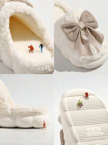 Pantofole da donna con fiocco e pelliccia, nuove per l'autunno/inverno 2025, calde e antiscivolo per interni, con suola spessa, bianche e color cachi