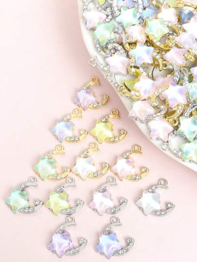 10 peças Estilo Ins Charms de Estrela e Lua Crescente Claros e de Sensação Gelada com Incrustações de Rhinestones, Acessórios de Joalheria Delicados de Vidro Colorido e Liga de Zinco Pendentes Versáteis Estilosos Perfeitos para Corrente de Clavícula, Pulseira, Brinco, Corrente de Telefone - Perfeito para Uso Diário de Mulheres e Meninas