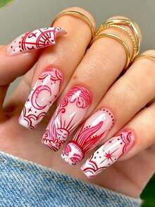 2 件时尚美甲贴纸带红线星月贴花自粘 3D 几何贴纸适用于亚克力指甲用品美甲装饰 DIY 配饰适合女士女孩 - 紅色 - 查看 3