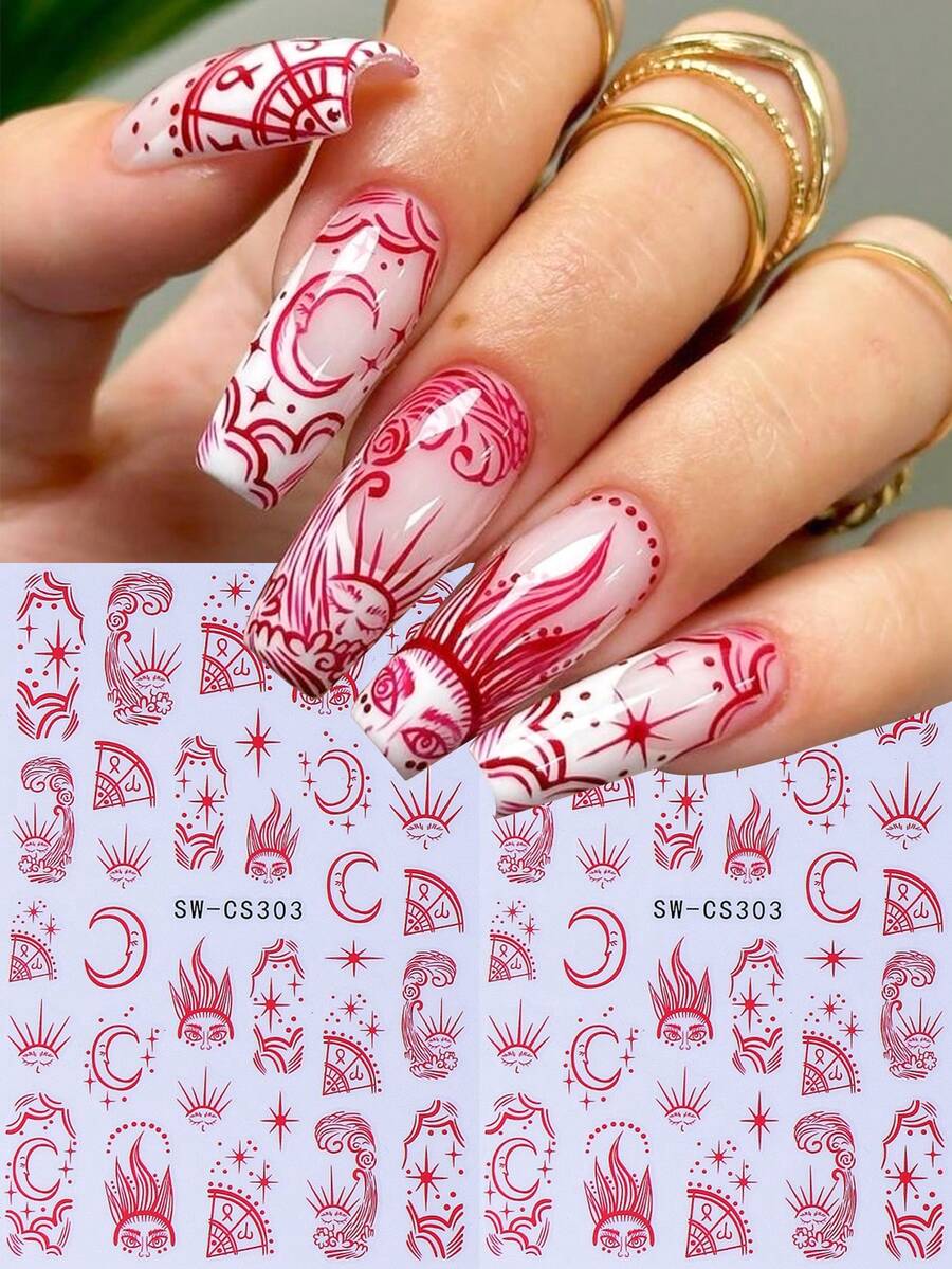 2 件时尚美甲贴纸带红线星月贴花自粘 3D 几何贴纸适用于亚克力指甲用品美甲装饰 DIY 配饰适合女士女孩 - 紅色 - 查看 1