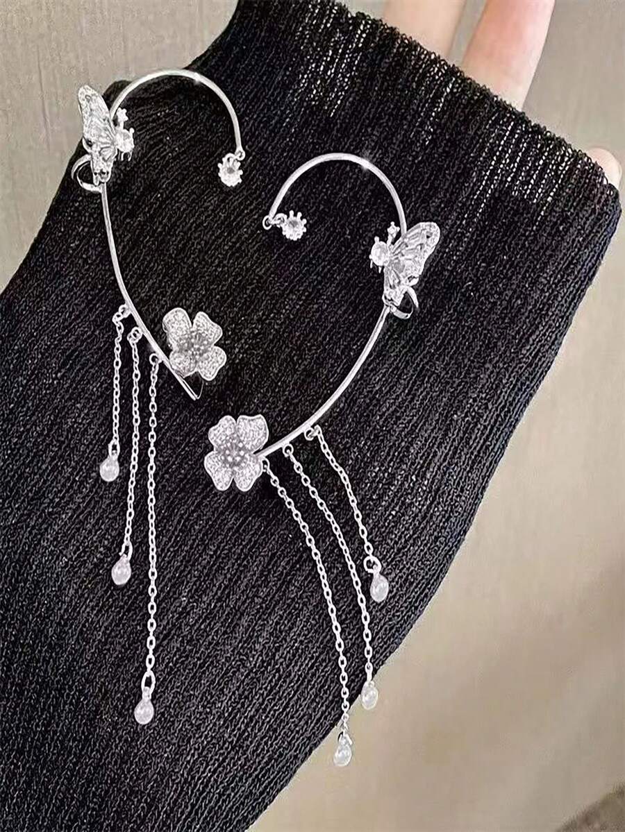 1pc Left/Right Ear Silver Butterfly Tassel Earring Jewelry For Women - Silver - View 1